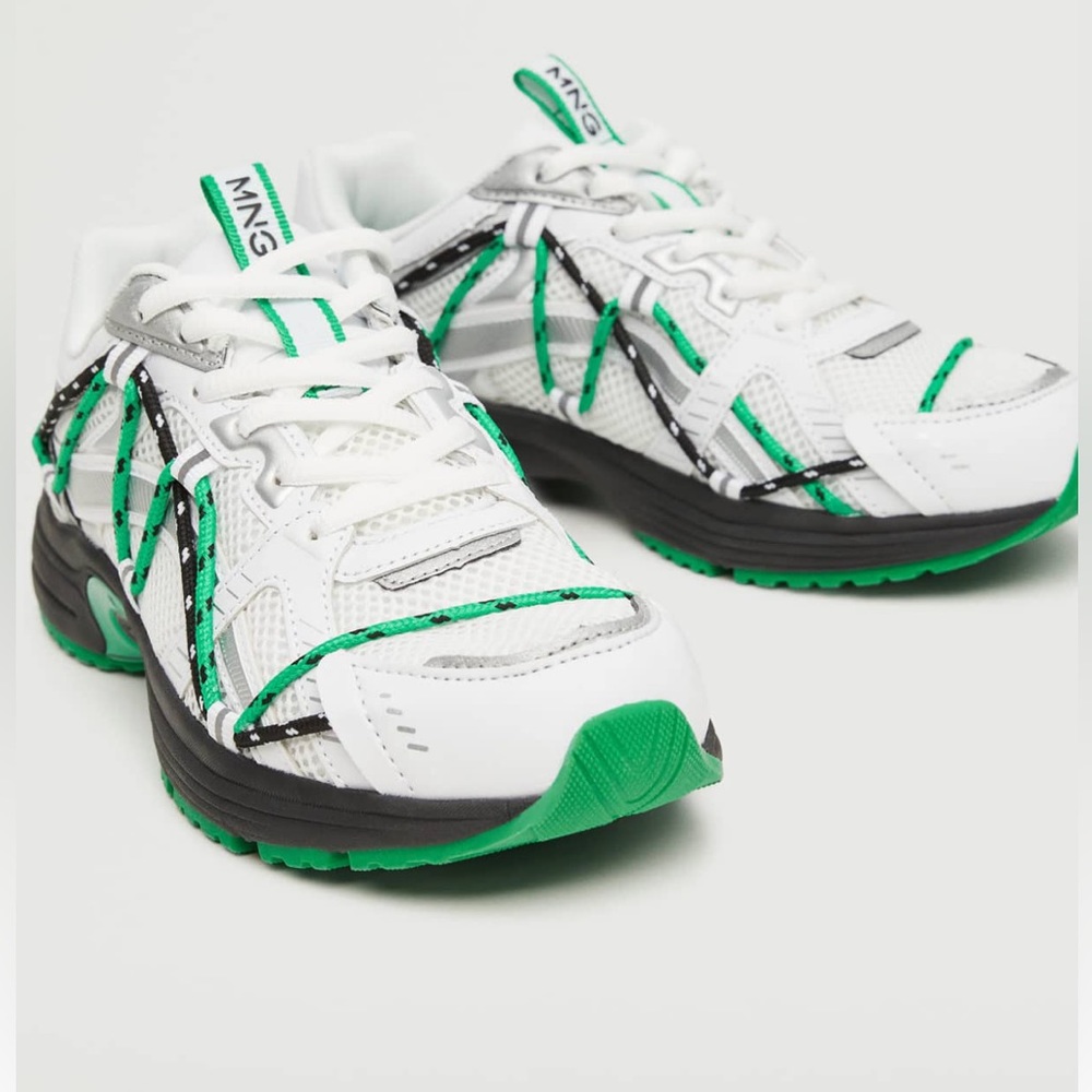 Mango Combined designed sneakers. Size 6 1/2. White, Green and Black.